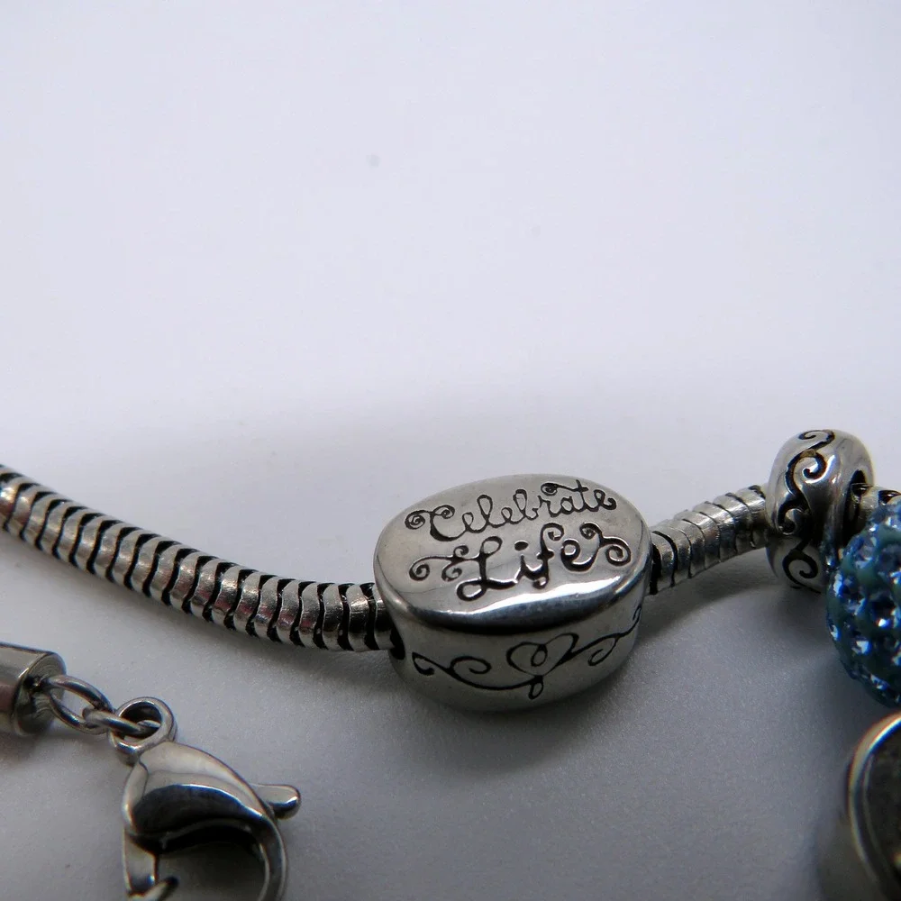 Silver Tone Celebrate Life Angel Charm Bracelet Blue Rhinestone Snake Chain
